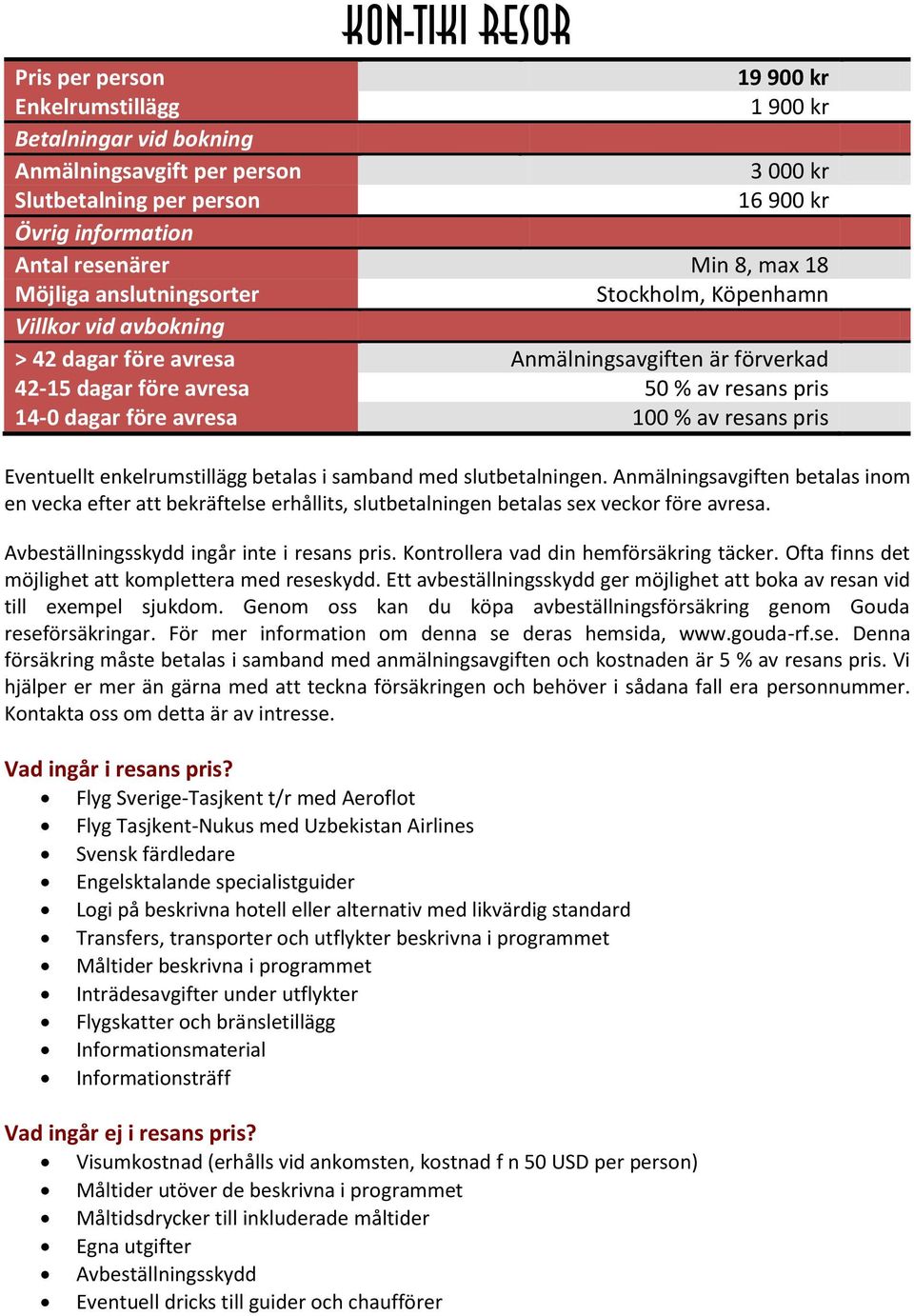 resans pris Eventuellt enkelrumstillägg betalas i samband med slutbetalningen. Anmälningsavgiften betalas inom en vecka efter att bekräftelse erhållits, slutbetalningen betalas sex veckor före avresa.