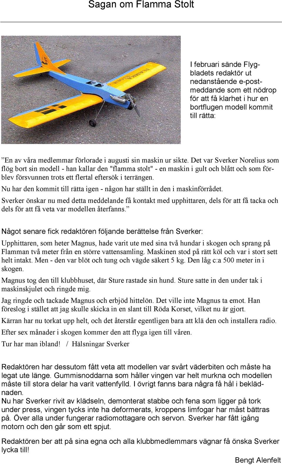 Det var Sverker Norelius som flög bort sin modell - han kallar den "flamma stolt" - en maskin i gult och blått och som förblev försvunnen trots ett flertal eftersök i terrängen.