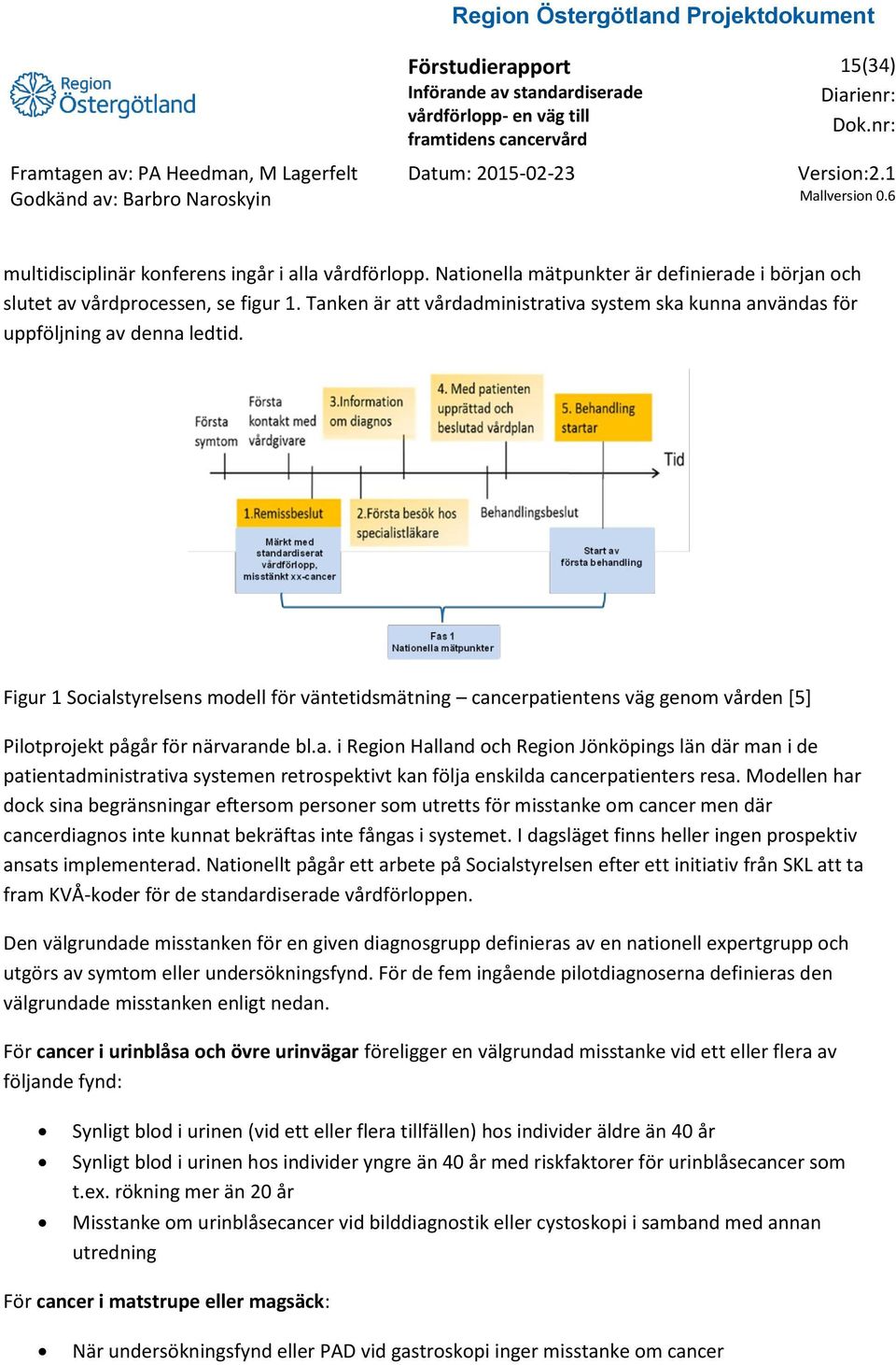 Figur 1 Socialstyrelsens modell för väntetidsmätning cancerpatientens väg genom vården [5] Pilotprojekt pågår för närvarande bl.a. i Region Halland och Region Jönköpings län där man i de patientadministrativa systemen retrospektivt kan följa enskilda cancerpatienters resa.