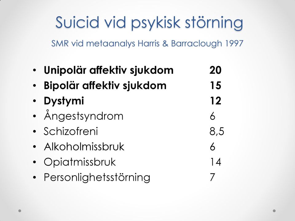 affektiv sjukdom 15 Dystymi 12 Ångestsyndrom 6