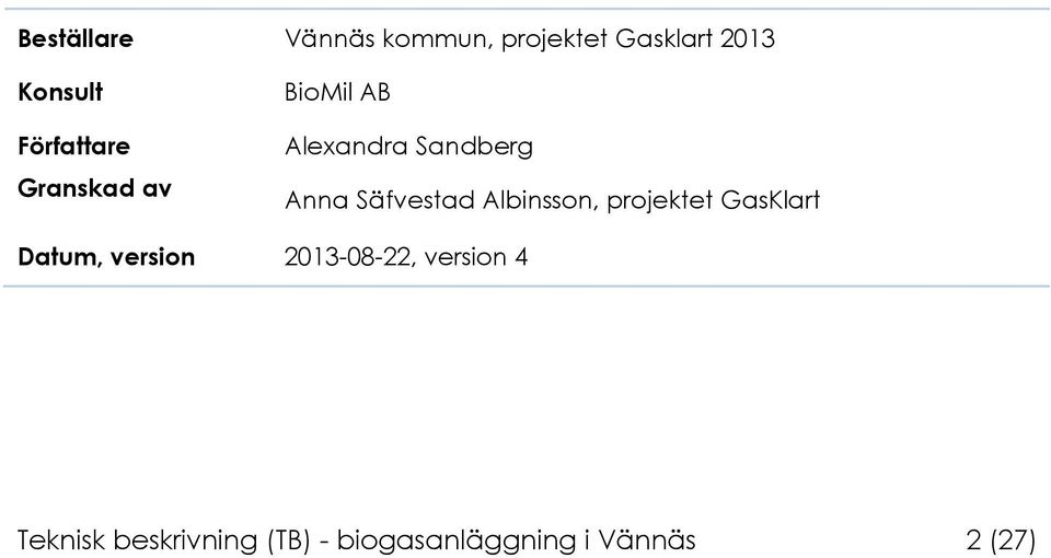 Säfvestad Albinsson, projektet GasKlart Datum, version