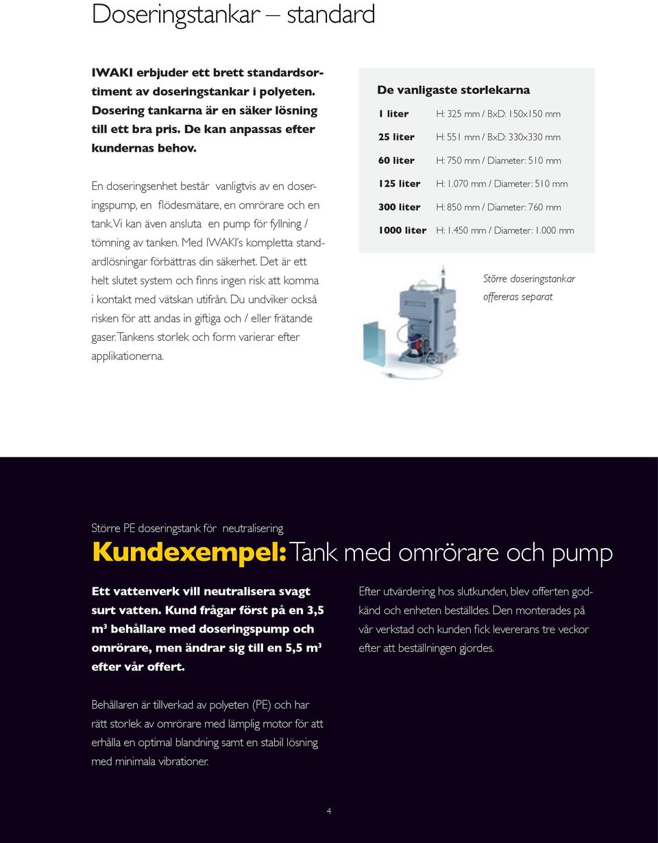 ödesmätare, en omrörare och en tank.vi kan även ansluta en pump för fyllning / tömning av tanken. Med IWAKI s kompletta standardlösningar förbättras din säkerhet.