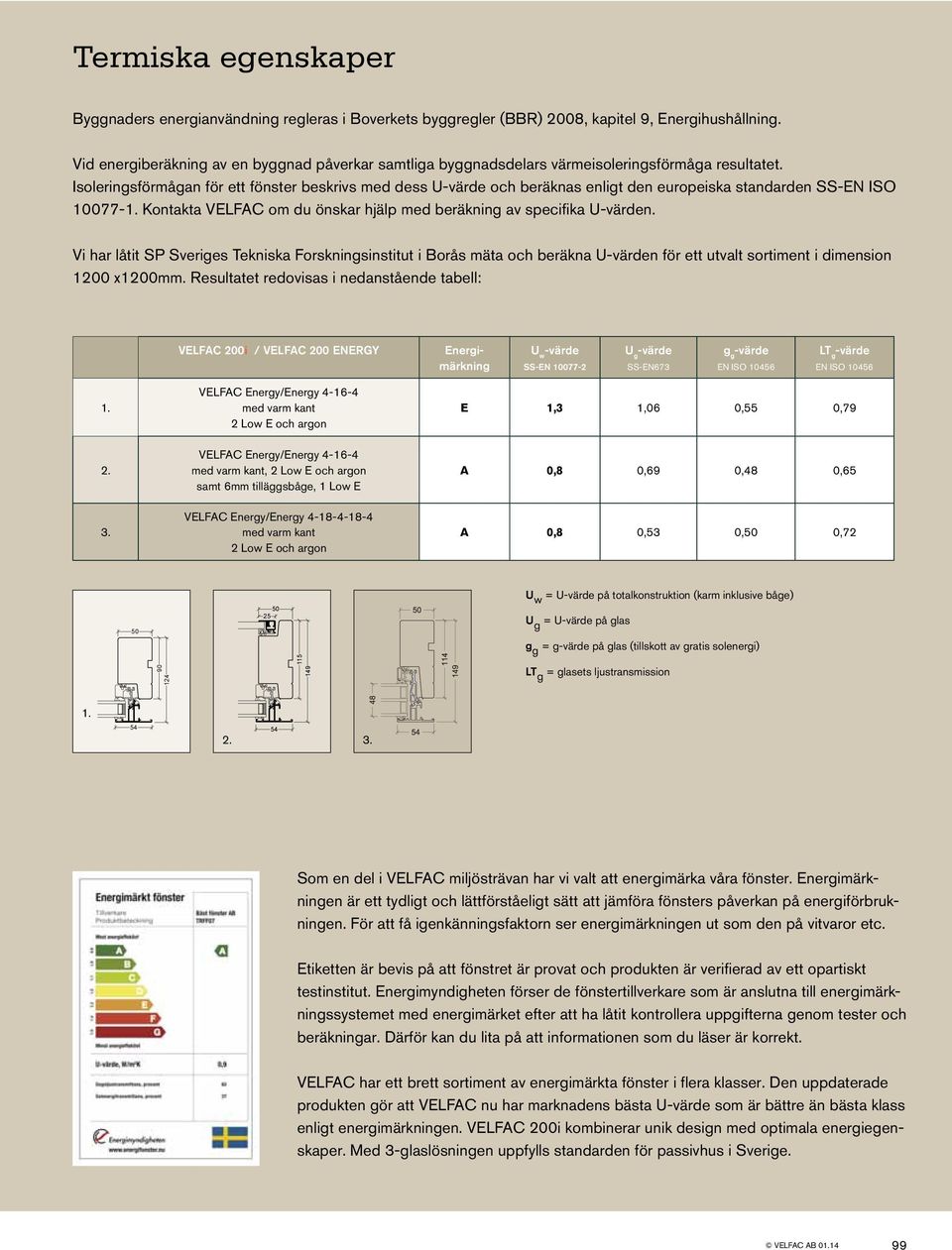 Isoleringsförmågan för ett fönster beskrivs med dess U och beräknas enligt den europeiska standarden SS-EN ISO 10077-1. Kontakta VELFAC om du önskar hjälp med beräkning av specifika Un.