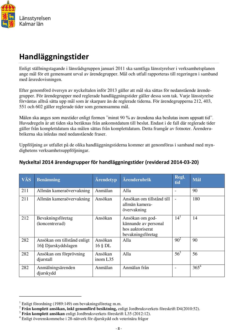 För ärendegrupper med reglerade handläggningstider gäller dessa som tak. Varje länsstyrelse förväntas alltså sätta upp mål som är skarpare än de reglerade tiderna.