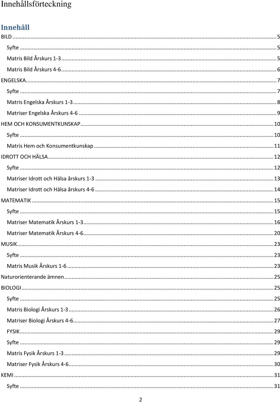 .. 13 Matriser Idrott och Hälsa årskurs 4-6... 14 MATEMATIK... 15 Syfte... 15 Matriser Matematik Årskurs 1-3... 16 Matriser Matematik Årskurs 4-6... 20 MUSIK... 23 Syfte... 23 Matris Musik Årskurs 1-6.