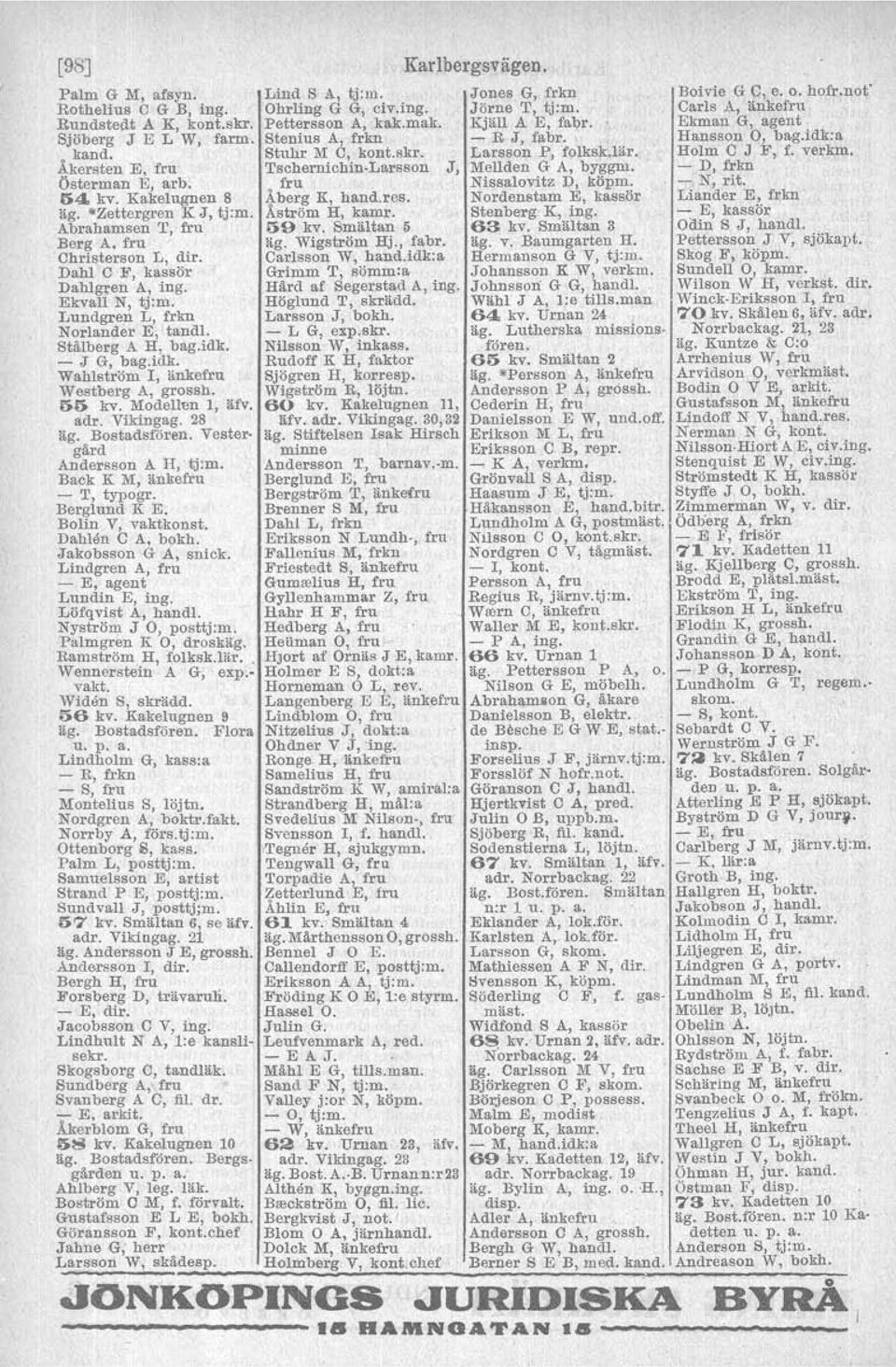 55 kv. Modellen l, äfv. adr. Vikingag. 28 äg. Bostadsfören. Vestergärd Andersson A H, tj:m. Back K M, änkefru - T, typogr. Berglund K E. Bolin V, vaktkonst. Dahlen C A, bokh, Jakobsson G A, snick.
