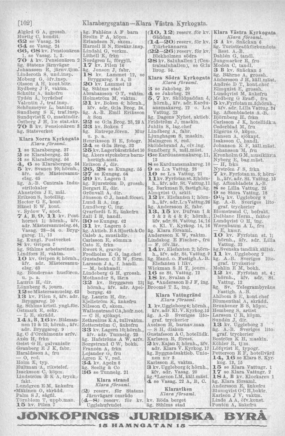 Östberg J H, i.e stat.skr. 70 B kv. Pensionären 3 äg. Statsverket Klara Norra Kyrkogata Klara!örsaml. 1 se Klarabergsg. 31 2 se Klarabergsg. 35 3 se Klarabergsg. 56 4, 6 se Klarabergag. 54 5 kv.