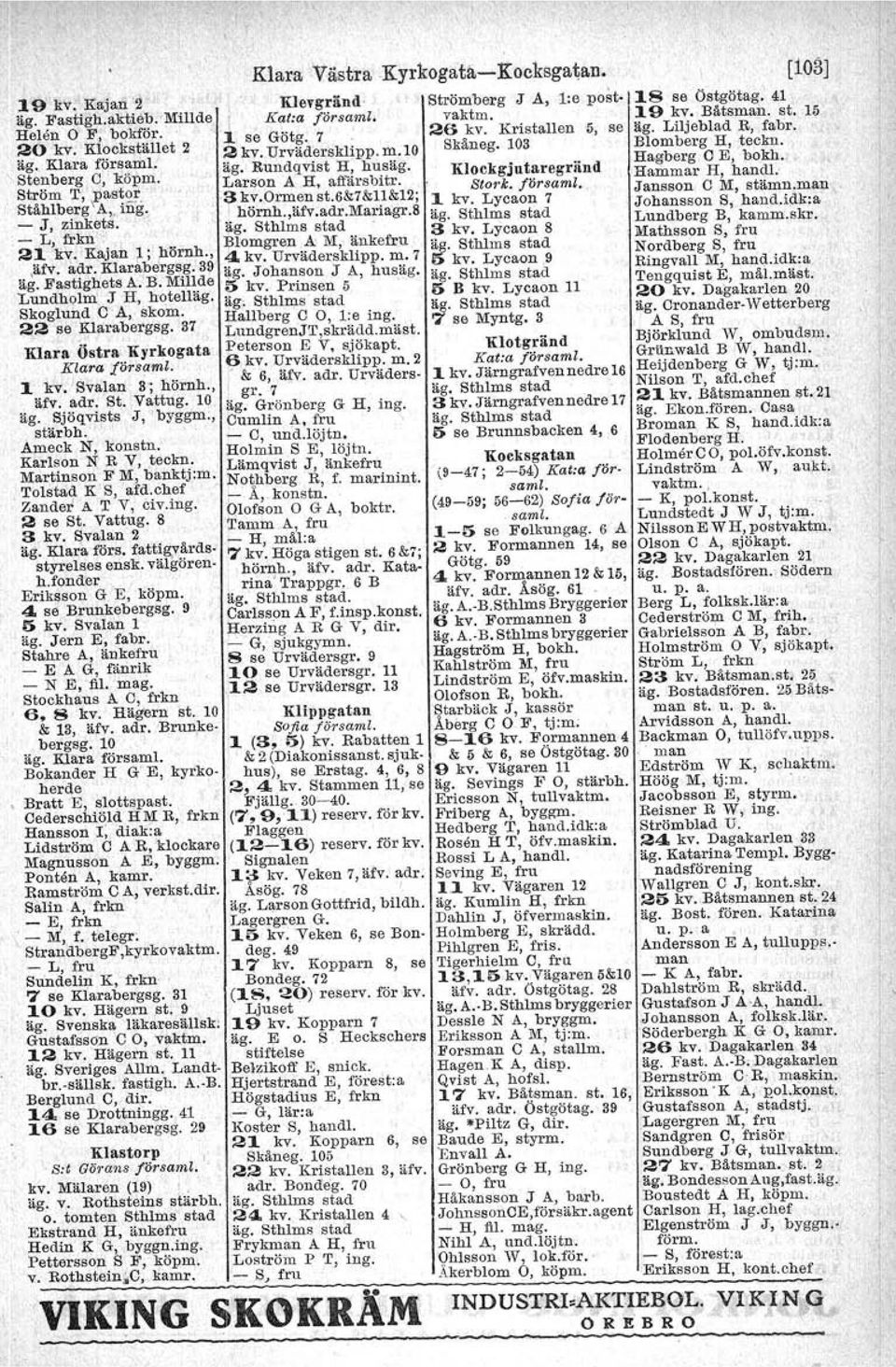 Kl k. t.. d Hagberg C E, bokh. "Stenberg C, köpm. Larson A H, affärsbitr. oe gju aregran Hammar H, handl. Ström T, ~ast'2'. akv.ormen st.6&7&11&12; Stork; jörsam/. Jansson C M, atämu.man,.