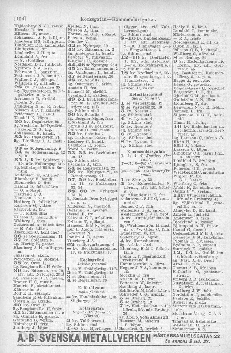 Nordenskiöld E, fil. dr Lindblom E E, kamm.skr. 42 se Nytorgsg. 30 2-10, Dianavägen 1-5 Olson E, lär:a Lindqvist O, dir. 43 kv, Båtsman. m. 3 o. Skogvaktareg. 3 Pälsson C B, bokhandl.