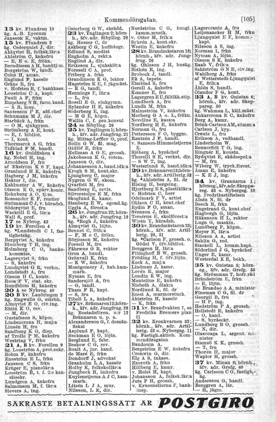 Oohn H:aman. Friberg A. frkn Brobeck J, tandl. Englund F, kassör Grandinson K G, lektor Ek A, tapets. Gräns R, fru I' Hagström K E, f. jägmäst. Elmblad S, fru v. Hofsten B, 'r:bankkass. - K G, tandl.