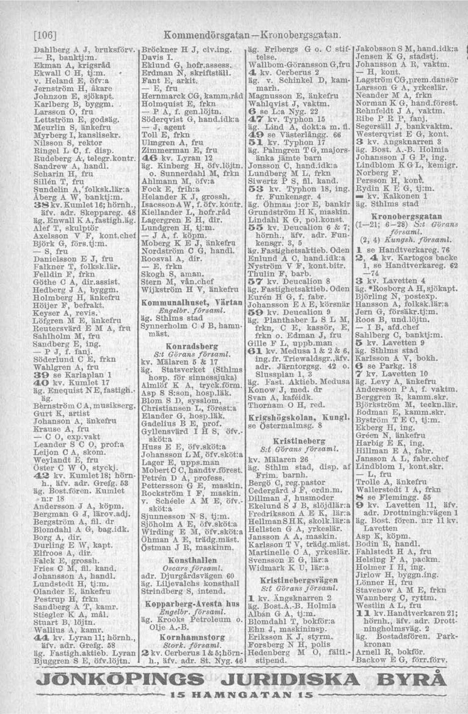 Scharin H, fru Sillen T, fru Sundelin A,'folksk.lär:a Åberg A W, banktj:m. 38kv. Kumlet 16;hörnh., äfv. adr, Skeppareg. 48 äg. Enwall K A, fastigh.äg. Alef 1" skulptör Axelsson V F, kont.