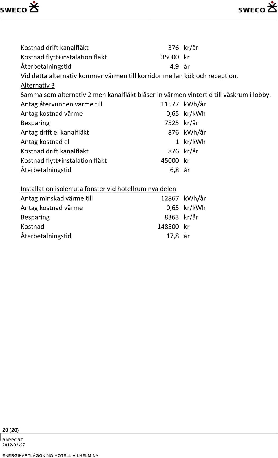 Antag återvunnen värme till 11577 kwh/år Antag kostnad värme 0,65 kr/kwh 7525 kr/år Antag drift el kanalfläkt 876 kwh/år Antag kostnad el 1 kr/kwh Kostnad drift