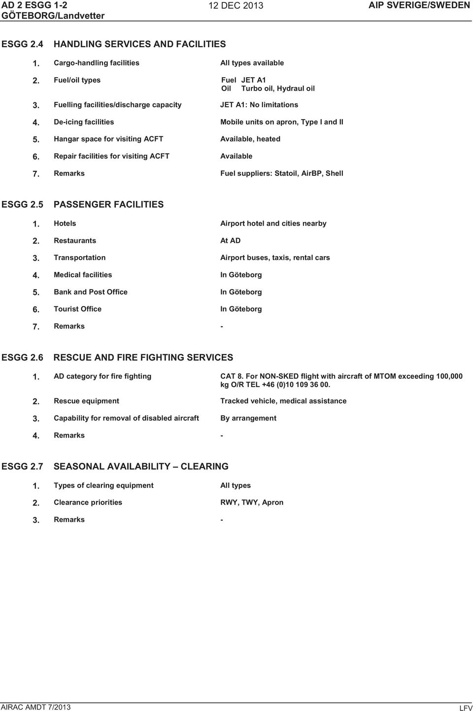 Repair facilities for visiting ACFT Available 7. Remarks Fuel suppliers: Statoil, AirBP, Shell ESGG 2.5 PASSENGER FACILITIES 1. Hotels Airport hotel and cities nearby 2. Restaurants At AD 3.