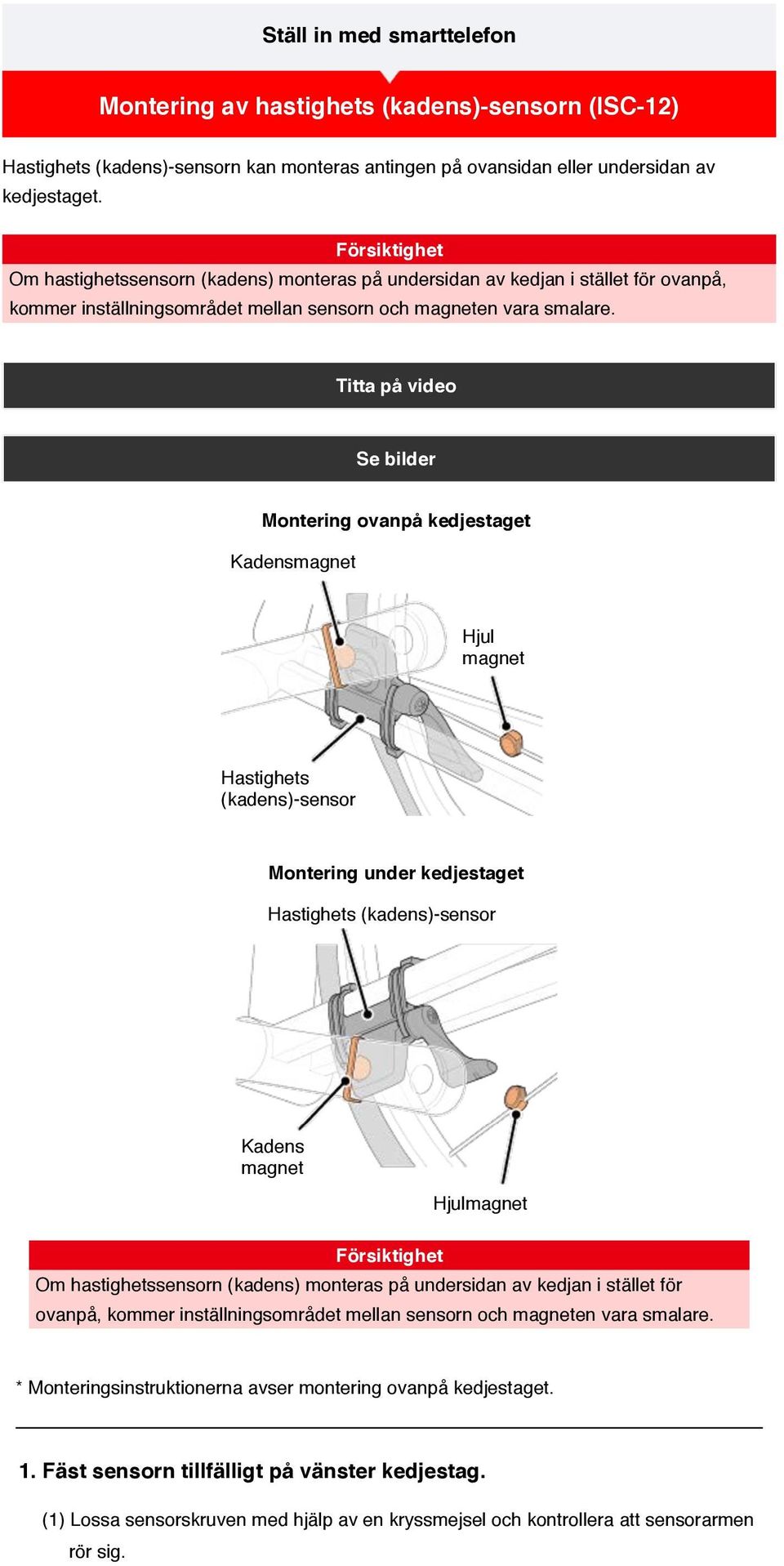 Titta på video Se bilder Montering ovanpå kedjestaget Kadensmagnet Hjul magnet Hastighets (kadens)-sensor Montering under kedjestaget Hastighets (kadens)-sensor Kadens magnet Hjulmagnet  *