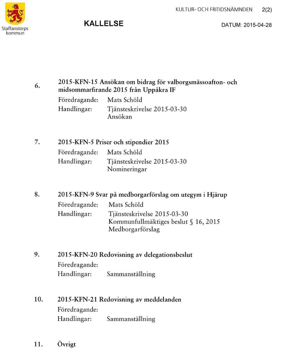 2015-KFN-5 Priser och stipendier 2015 Föredragande: Mats Schöld Handlingar: Tjänsteskrivelse 2015-03-30 N o mineringa r 8.