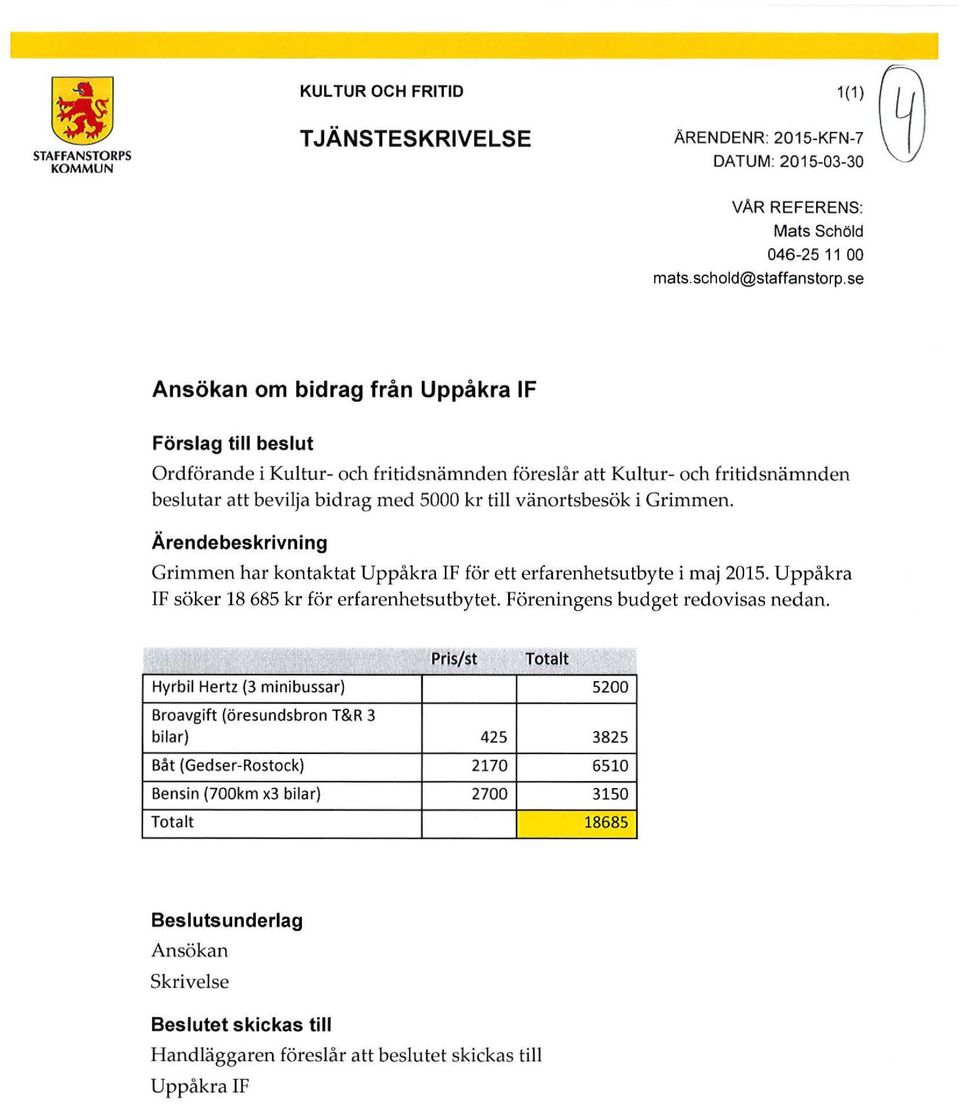 Grimmen. Ärendebeskrivning Grimmen har kontaktat Uppåkra IF för ett erfarenhetsutbyte i maj 2015. Uppåkra IF söker 18 685 kr för erfarenhetsutbytet Föreningens budget redovisas nedan.