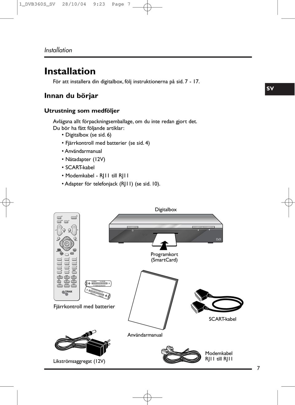 Du bör ha fått följande artiklar: Digitalbox (se sid. 6) Fjärrkontroll med batterier (se sid.