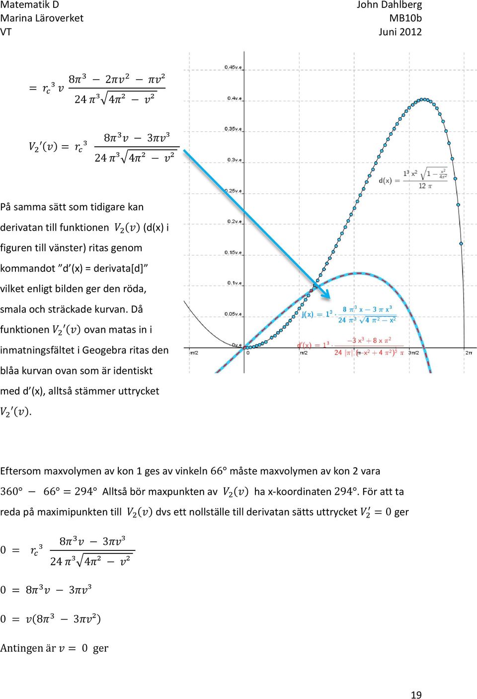 Då funktionen ovan matas in i inmatningsfältet i Geogebra ritas den blåa kurvan ovan som är identiskt med d (x), alltså stämmer uttrycket.