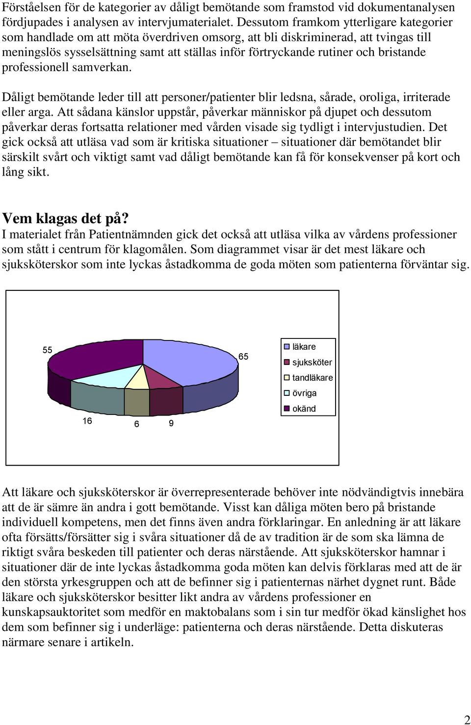 bristande professionell samverkan. Dåligt bemötande leder till att personer/patienter blir ledsna, sårade, oroliga, irriterade eller arga.