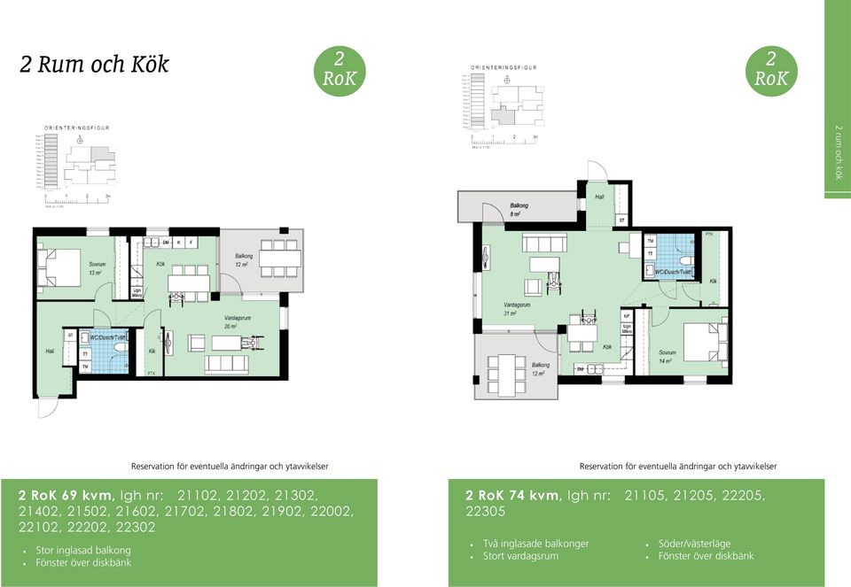 eventuella ändringar och ytavvikelser 2 RoK 74 kvm, lgh nr: 21105, 21205, 22205, 22305 Två inglasade