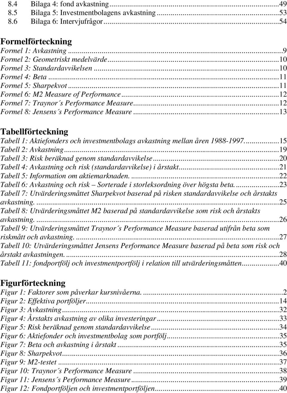 ..12 Formel 8: Jensens s Performance Measure...13 Tabellförteckning Tabell 1: Aktiefonders och investmentbolags avkastning mellan åren 1988-1997...15 Tabell 2: Avkastning.