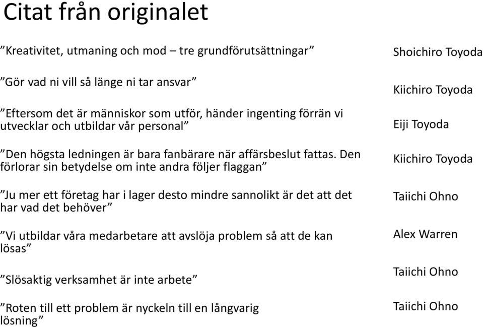 Den förlorar sin betydelse om inte andra följer flaggan Ju mer ett företag har i lager desto mindre sannolikt är det att det har vad det behöver Vi utbildar våra medarbetare