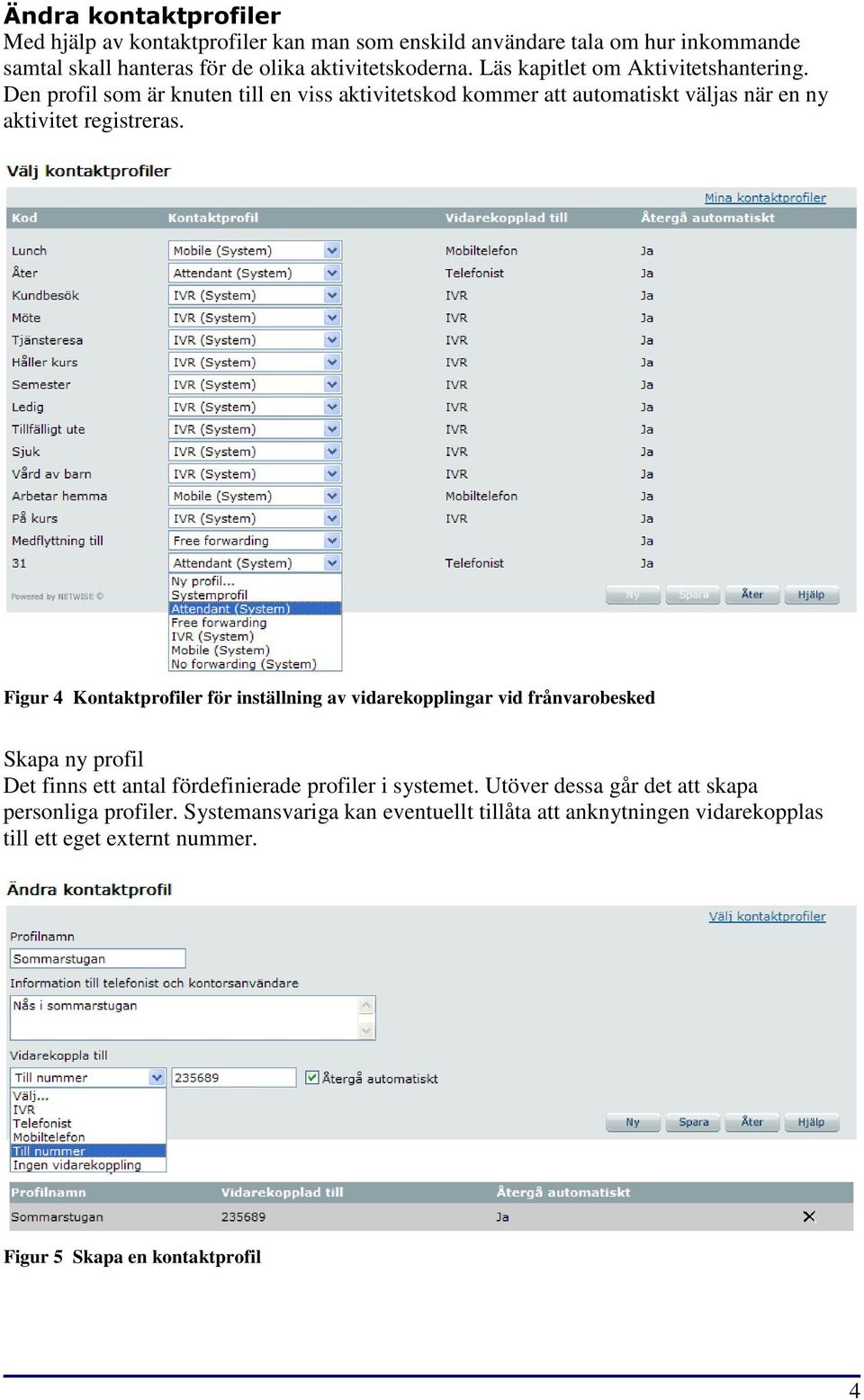 Figur 4 Kontaktprofiler för inställning av vidarekopplingar vid frånvarobesked Skapa ny profil Det finns ett antal fördefinierade profiler i systemet.