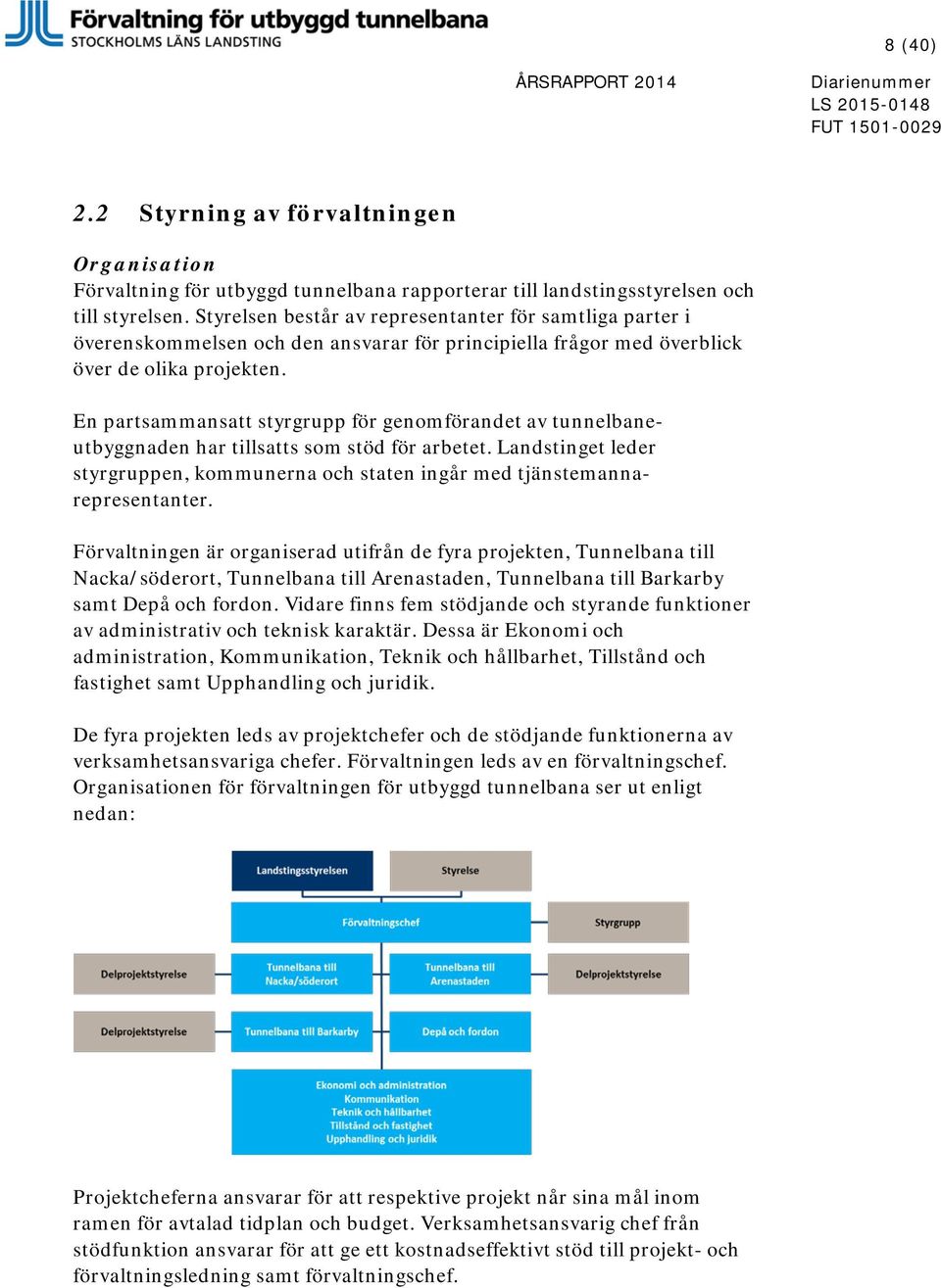En partsammansatt styrgrupp för genomförandet av tunnelbaneutbyggnaden har tillsatts som stöd för arbetet. Landstinget leder styrgruppen, kommunerna och staten ingår med tjänstemannarepresentanter.