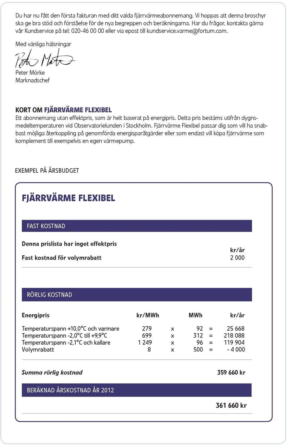 Med vänliga hälsningar Peter Mörke Marknadschef Kort om FJÄRRVÄRME FLEXIBEL Ett abonnemang utan effektpris, som är helt baserat på energipris.