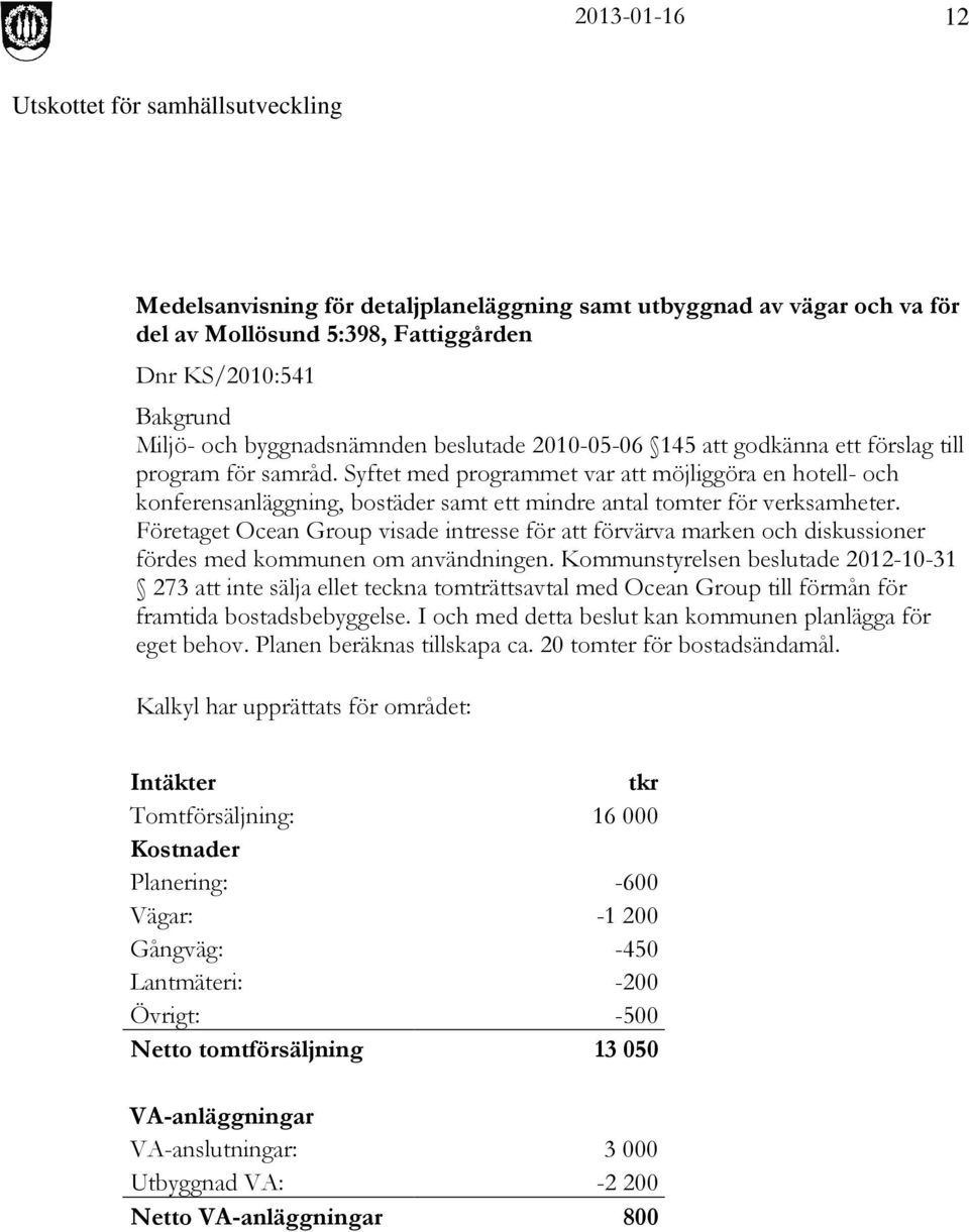 Företaget Ocean Group visade intresse för att förvärva marken och diskussioner fördes med kommunen om användningen.