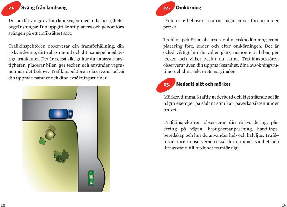 Det är också viktigt hur du anpassar hastigheten, placerar bilen, ger tecken och använder vägrenen när det behövs. Trafikinspektören observerar också din uppmärksamhet och dina avsökningsrutiner. 22.