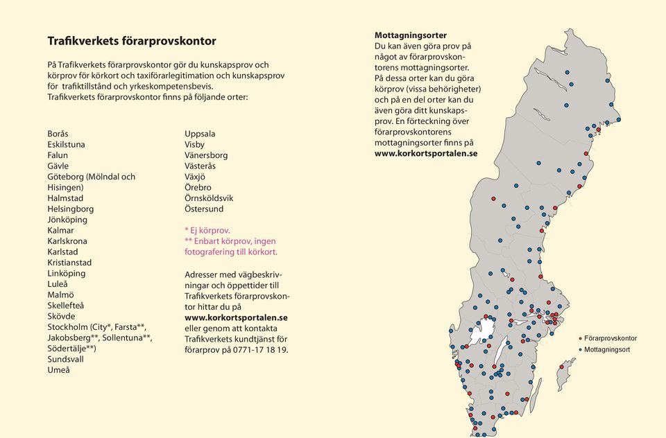 Luleå Malmö Skellefteå Skövde Stockholm (City*, Farsta**, Jakobsberg**, Sollentuna**, Södertälje**) Sundsvall Umeå Uppsala Visby Vänersborg Västerås Växjö Örebro Örnsköldsvik Östersund * Ej körprov.