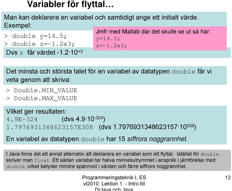 9E-324 (dvs 4.9 10-324 ) 1.7976931348623157E308 (dvs 1.7976931348623157 10 308 ) En variabel av datatypen double har 15 siffrors noggrannhet.