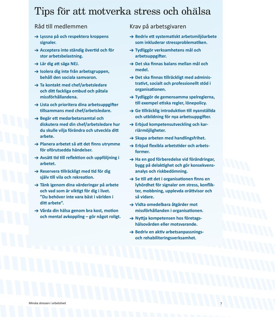 Lista och prioritera dina arbetsuppgifter tillsammans med chef/arbetsledare. Begär ett medarbetarsamtal och diskutera med din chef/arbetsledare hur du skulle vilja förändra och utveckla ditt arbete.