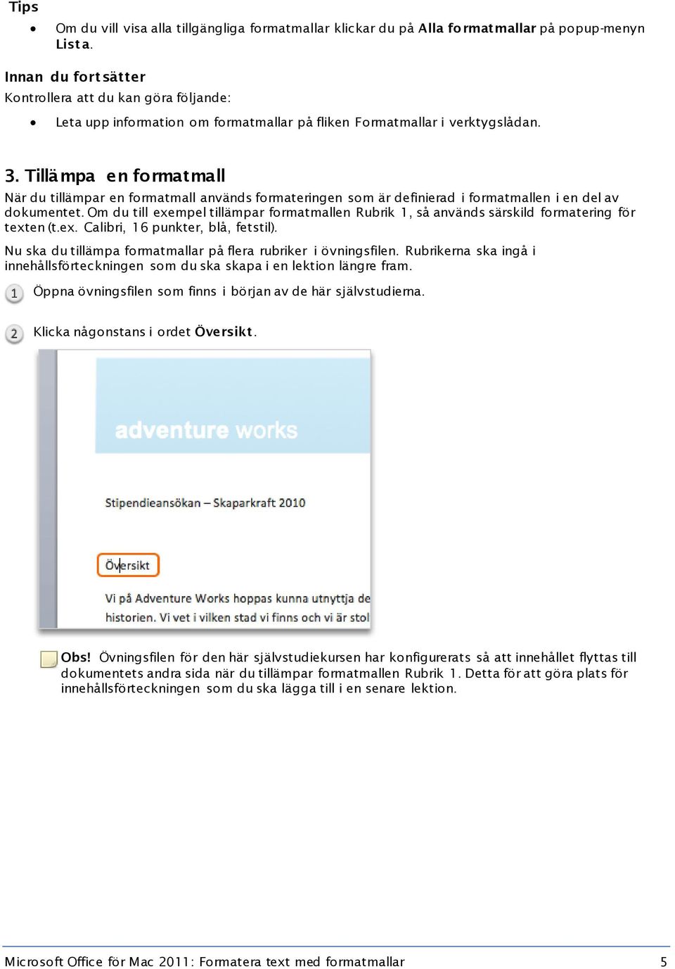 Tillämpa en formatmall När du tillämpar en formatmall används formateringen som är definierad i formatmallen i en del av dokumentet.