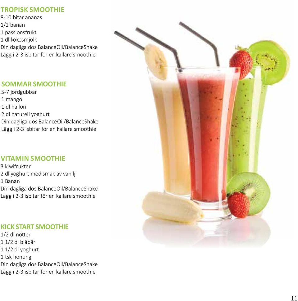 smoothie VITAMIN SMOOTHIE 3 kiwifrukter 2 dl yoghurt med smak av vanilj 1 Banan Din dagliga dos BalanceOil/BalanceShake Lägg i 2-3 isbitar för en kallare