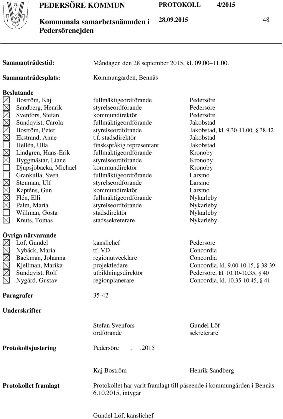 Kommungården, Bennäs Beslutande Boström, Kaj Sandberg, Henrik Svenfors, Stefan Sundqvist, Carola Boström, Peter Ekstrand, Anne Hellén, Ulla Lindgren, Hans-Erik Byggmästar, Liane Djupsjöbacka, Michael