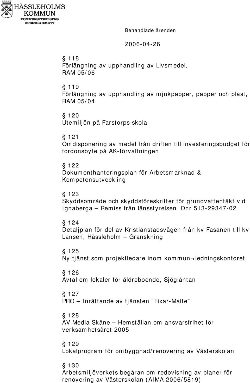 vid Ignaberga Remiss från länsstyrelsen Dnr 513-29347-02 124 Detaljplan för del av Kristianstadsvägen från kv Fasanen till kv Lansen, Hässleholm Granskning 125 Ny tjänst som projektledare inom kommun