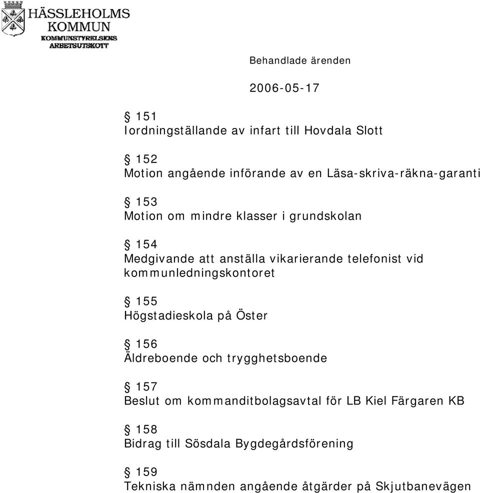 telefonist vid kommunledningskontoret 155 Högstadieskola på Öster 156 Äldreboende och trygghetsboende 157 Beslut om