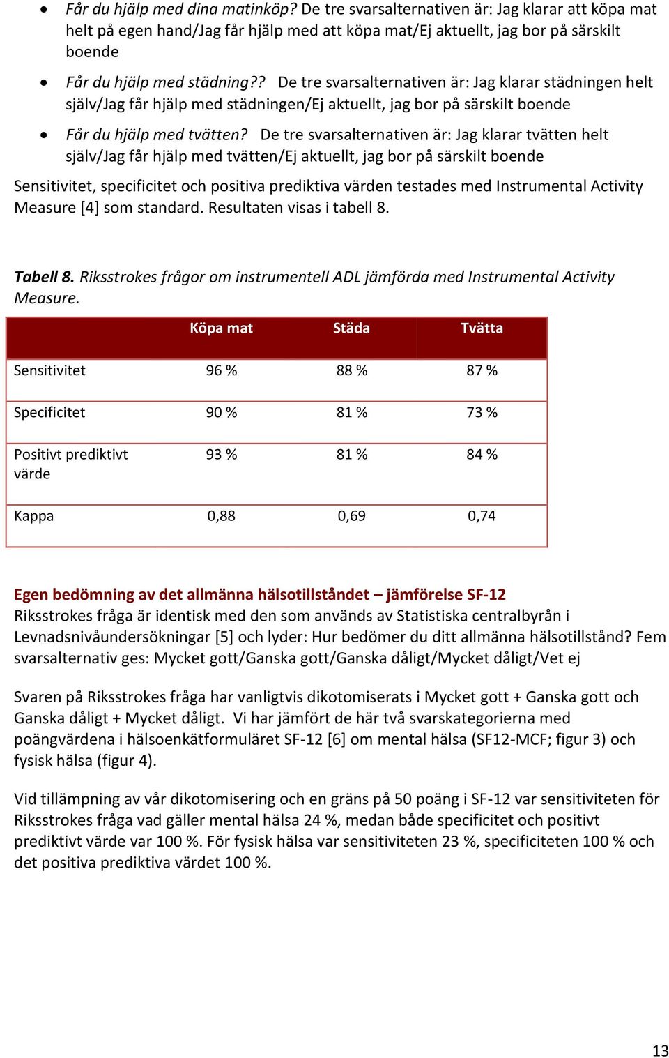 De tre svarsalternativen är: Jag klarar tvätten helt själv/jag får hjälp med tvätten/ej aktuellt, jag bor på särskilt boende Sensitivitet, specificitet och positiva prediktiva värden testades med