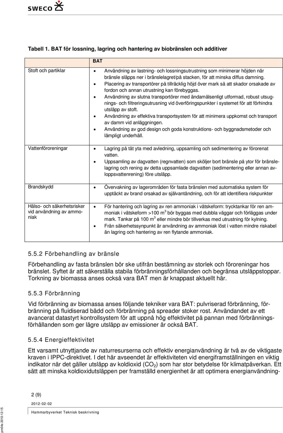 stacken, för att minska diffus damning. Placering av transportörer på tillräcklig höjd över mark så att skador orsakade av fordon och annan utrustning kan förebyggas.