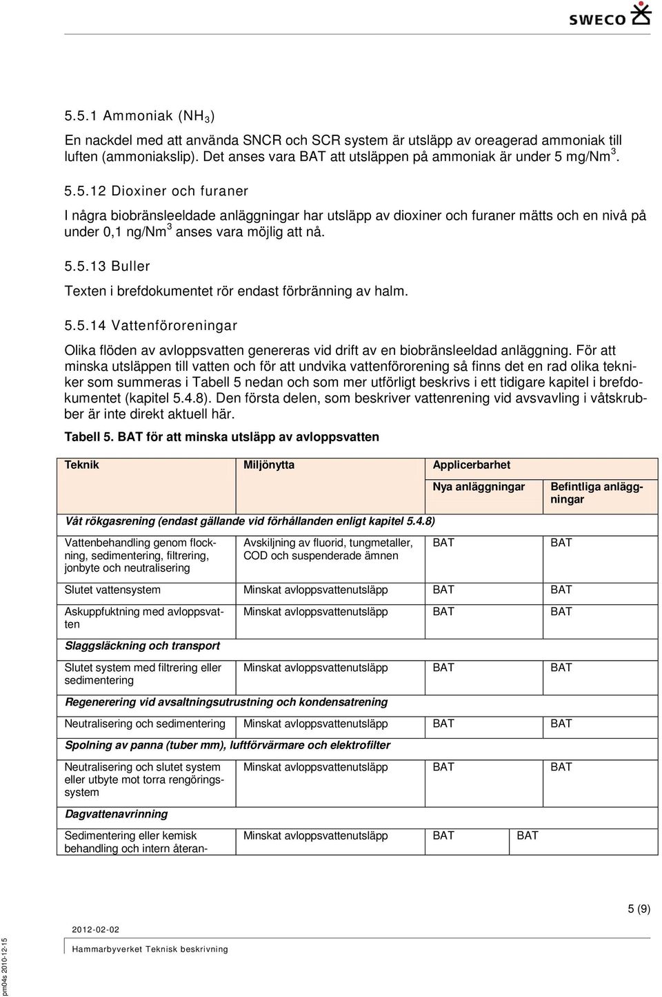 För att minska utsläppen till vatten och för att undvika vattenförorening så finns det en rad olika tekniker som summeras i Tabell 5 nedan och som mer utförligt beskrivs i ett tidigare kapitel i