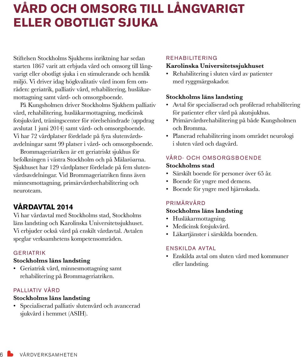 På Kungsholmen driver Stockholms Sjukhem palliativ vård, rehabilitering, husläkarmottagning, medicinsk fotsjukvård, träningscenter för rörelsehindrade (uppdrag avslutat 1 juni 2014) samt vård- och