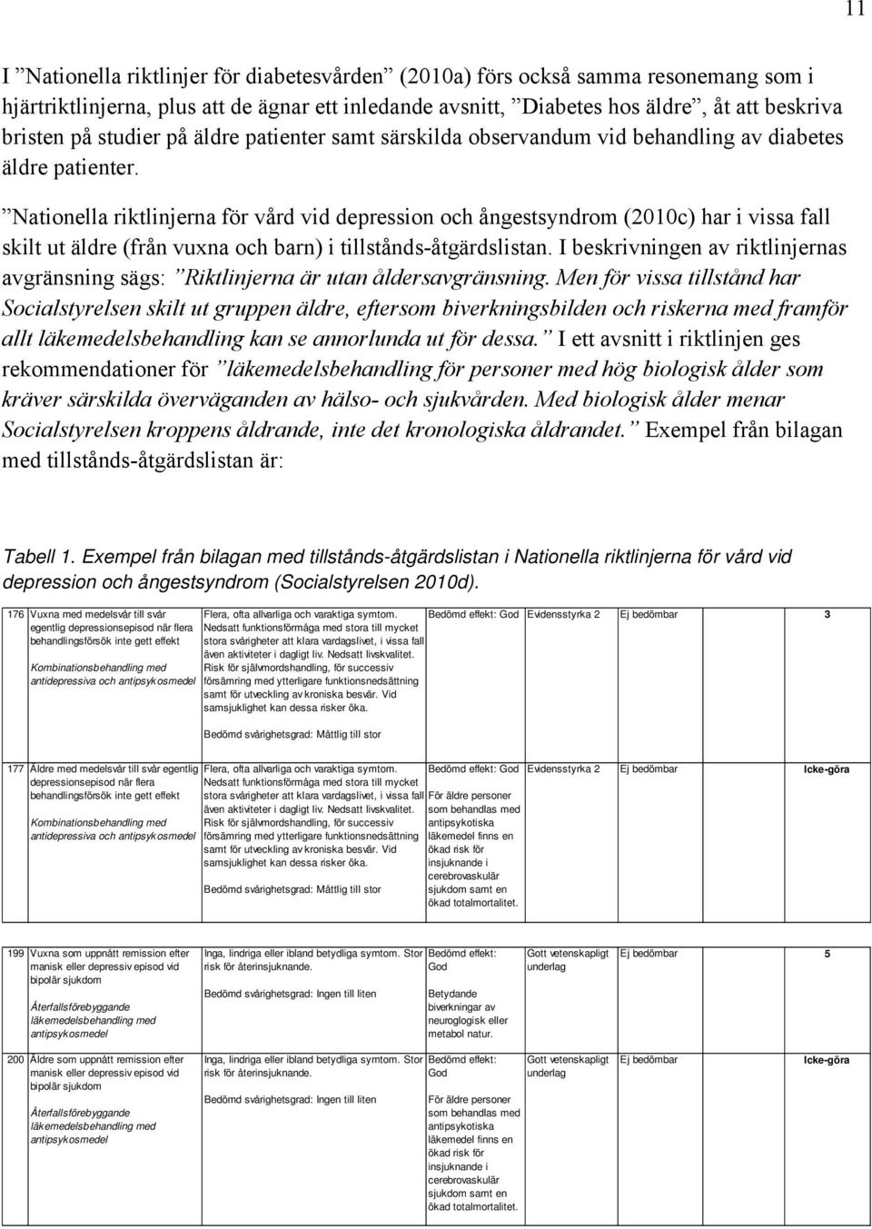 Nationella riktlinjerna för vård vid depression och ångestsyndrom (2010c) har i vissa fall skilt ut äldre (från vuxna och barn) i tillstånds-åtgärdslistan.