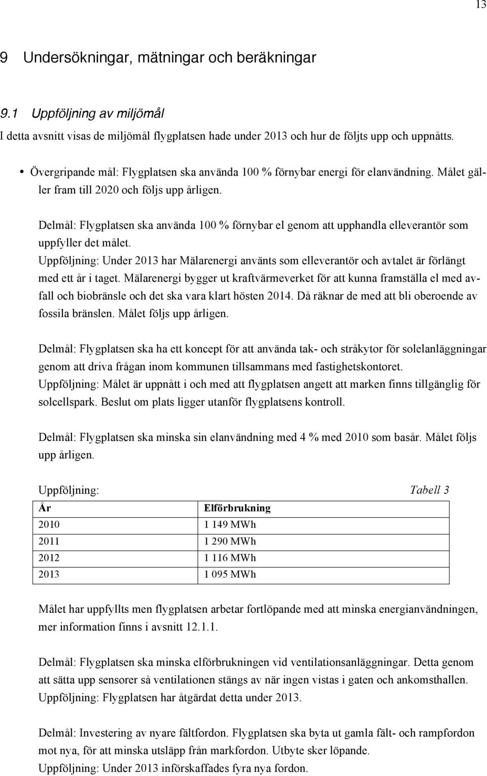 Delmål: Flygplatsen ska använda 100 % förnybar el genom att upphandla elleverantör som uppfyller det målet.