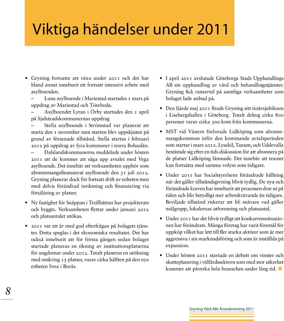 Asylboendet Lyran i Örby startades den 1 april på Sjuhäradskommunernas uppdrag Stella asylboende i Strömstad var planerat att starta den 1 november men starten blev uppskjuten på grund av försenade