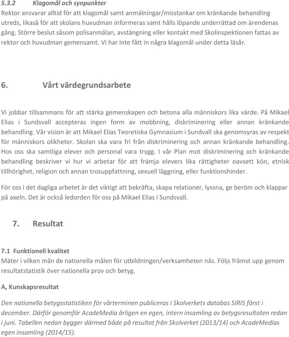 Vi har inte fått in några klagomål under detta läsår. 6. Vårt värdegrundsarbete Vi jobbar tillsammans för att stärka gemenskapen och betona alla människors lika värde.