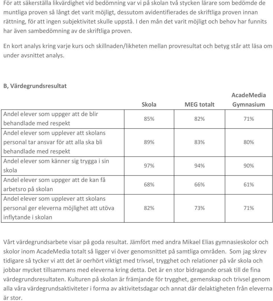 En kort analys kring varje kurs och skillnaden/likheten mellan provresultat och betyg står att läsa om under avsnittet analys.