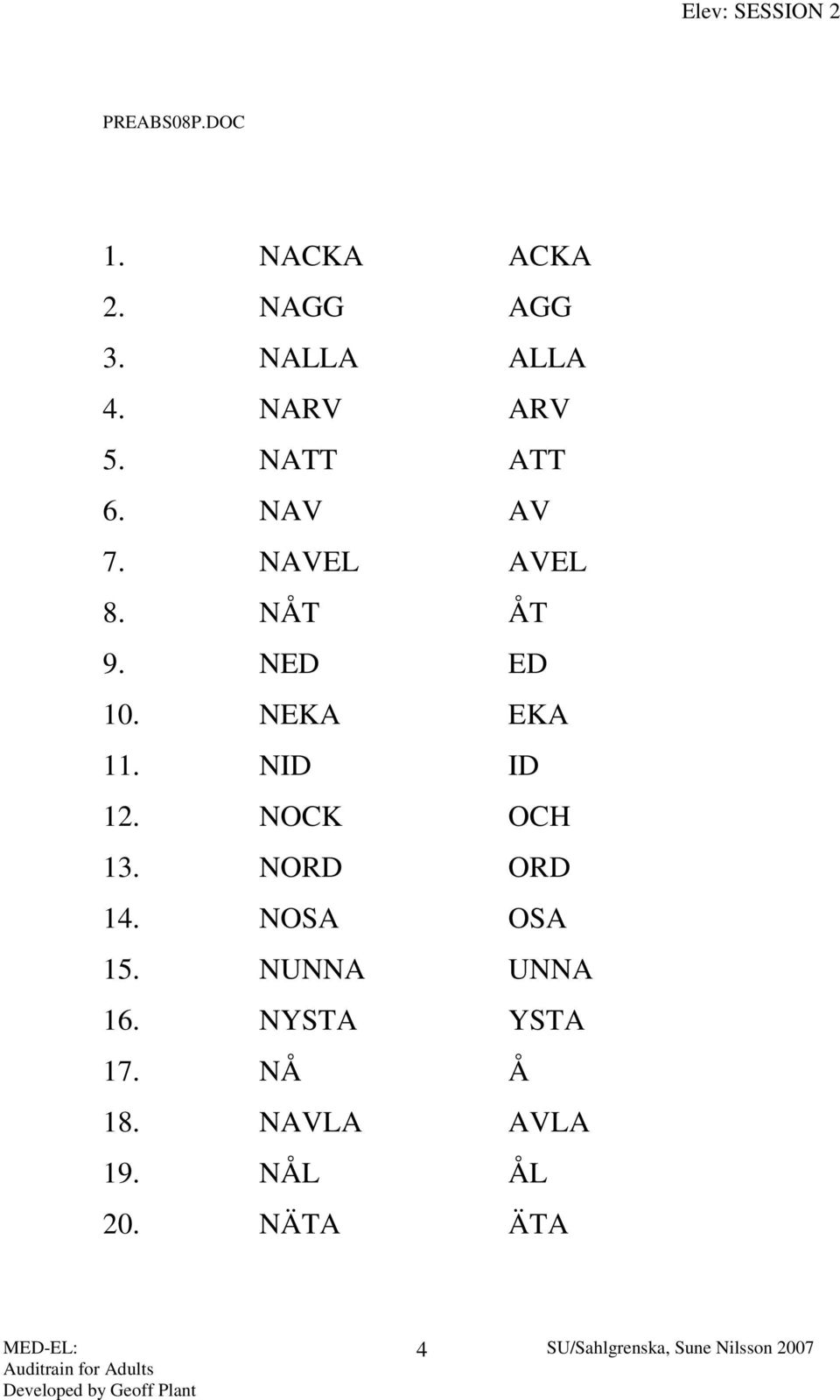 NED ED 10. NEKA EKA 11. NID ID 12. NOCK OCH 13. NORD ORD 14.