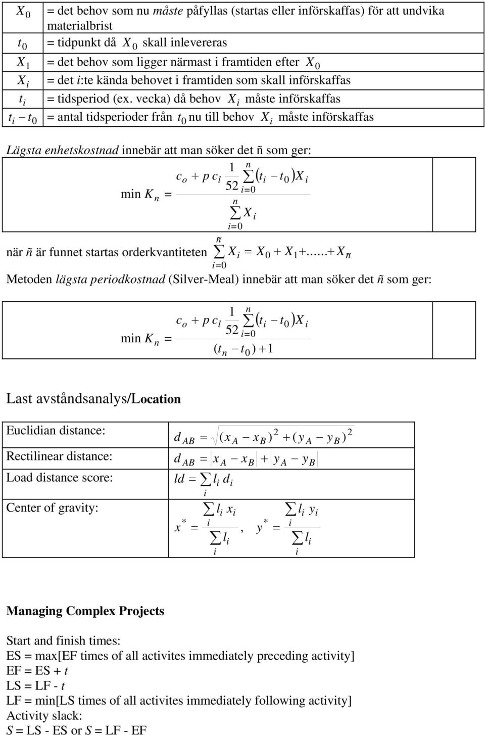 vecka) då behov X måse nförskaffas 0 = ana dsperoder från 0 nu behov X måse nförskaffas Lägsa enheskosnad nnebär a man söker de ñ som ger: 1 n co p c 0 X 52 = 0 mn K n = n X när ñ är funne saras